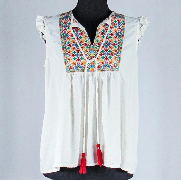 Aruba Blue Tops - Aruba Blue Sleeveless Blouse, Ruffled Detail, Floral Embroidery sz M